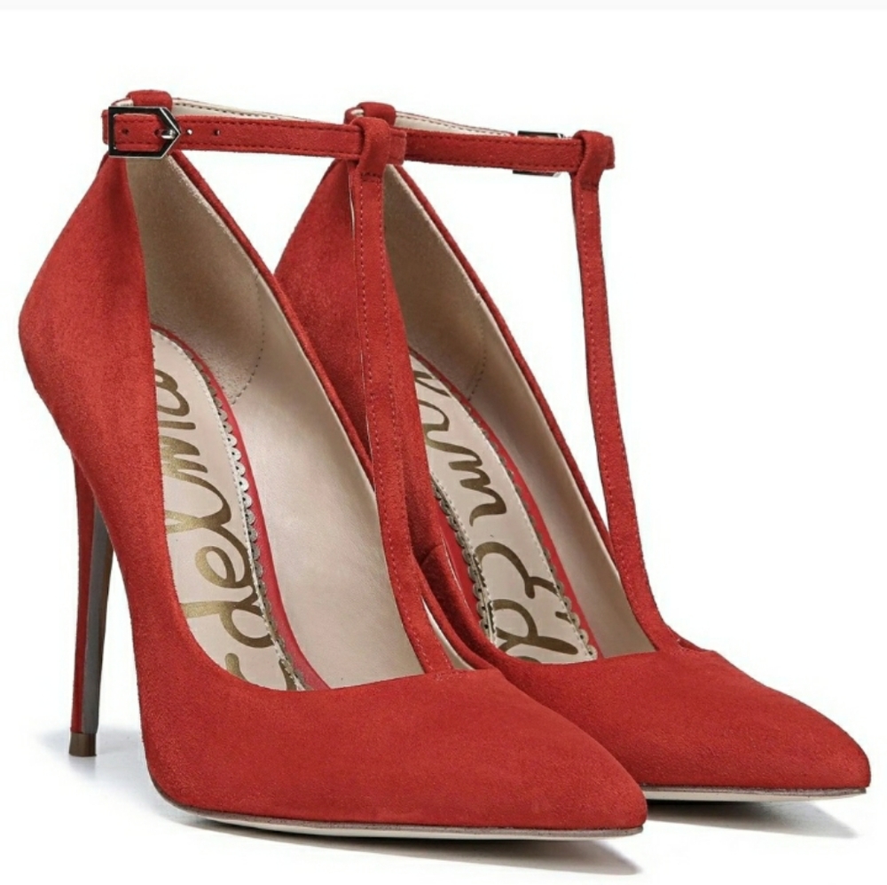 Sam Edelman Red Leather Suede Dorina T Strip Stiletto Hells